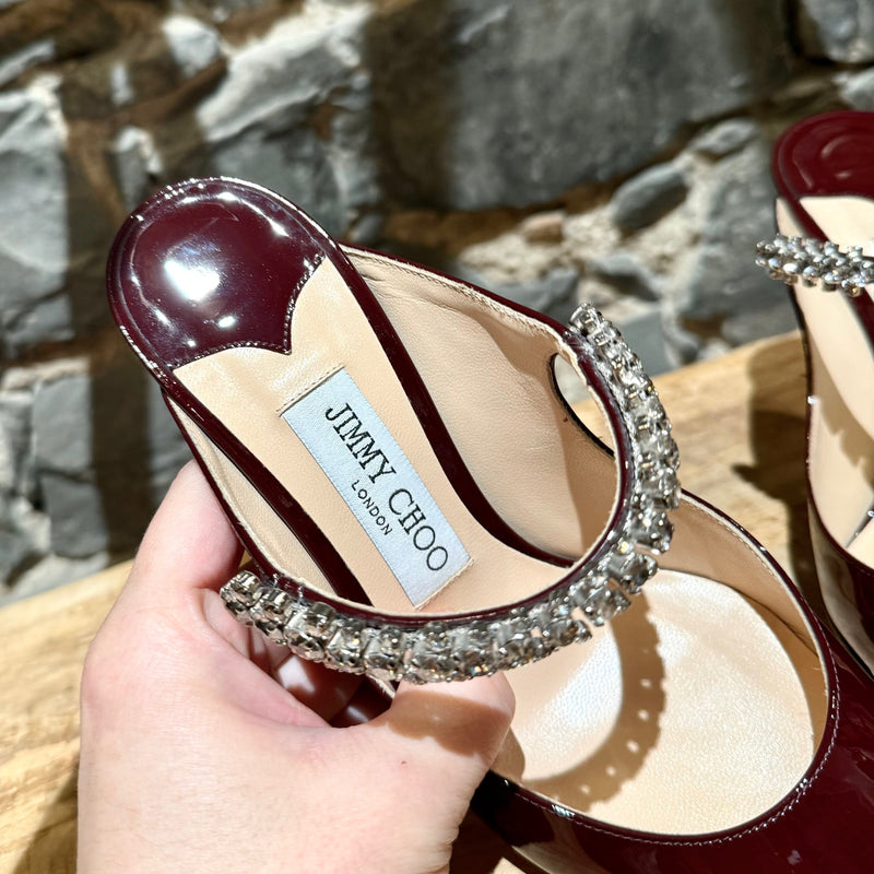 Jimmy Choo Burgundy Patent Bing 100 Crystal-Embellished Heeled Mules