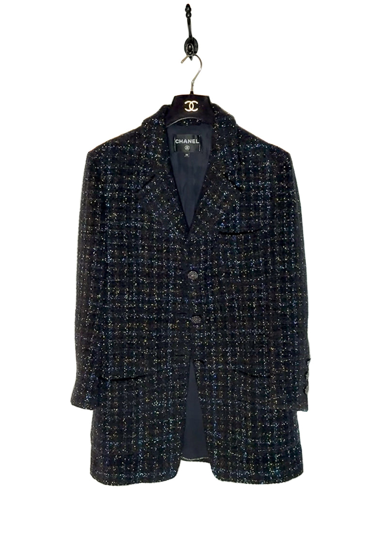 Veste Longue Noire ﻿﻿Chanel Automne-Hiver 2021﻿ en Tweed Fantaisie Bleu Métallisé