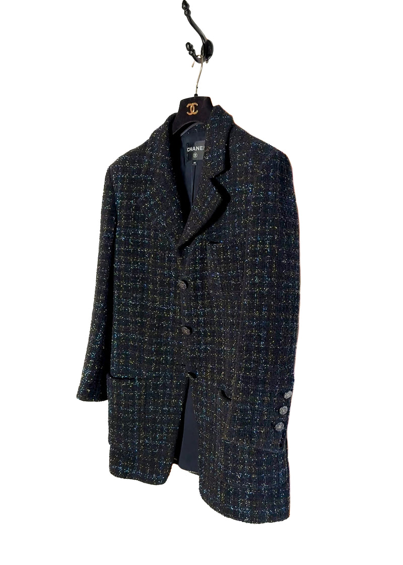 Veste Longue Noire ﻿﻿Chanel Automne-Hiver 2021﻿ en Tweed Fantaisie Bleu Métallisé