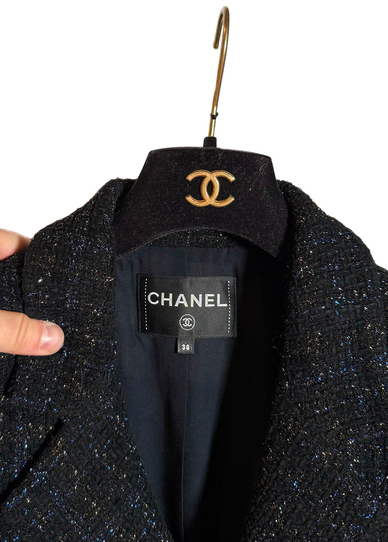 Veste Longue Noire ﻿﻿Chanel Automne-Hiver 2021﻿ en Tweed Fantaisie Bleu Métallisé