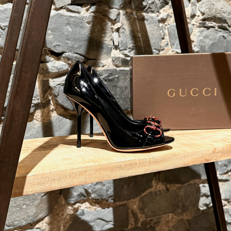 Gucci Black Patent Tortoiseshell Horsebit Open Toe Pumps