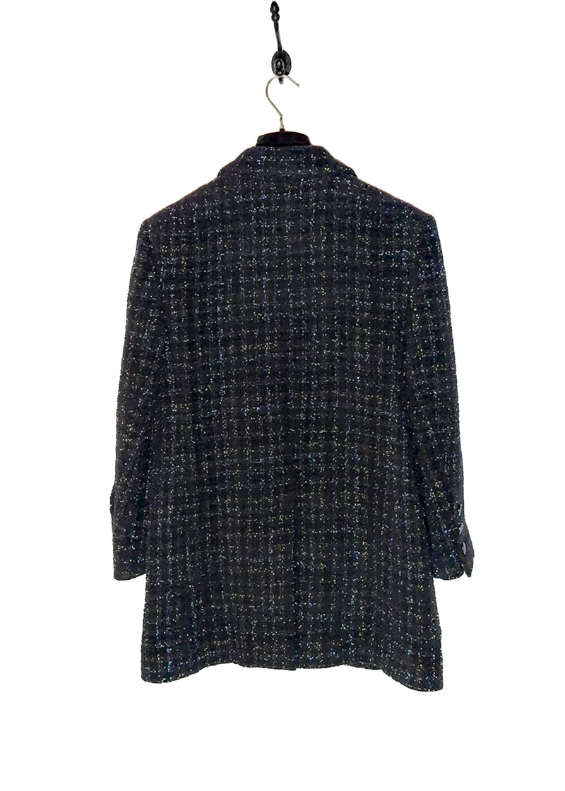 Veste Longue Noire ﻿﻿Chanel Automne-Hiver 2021﻿ en Tweed Fantaisie Bleu Métallisé