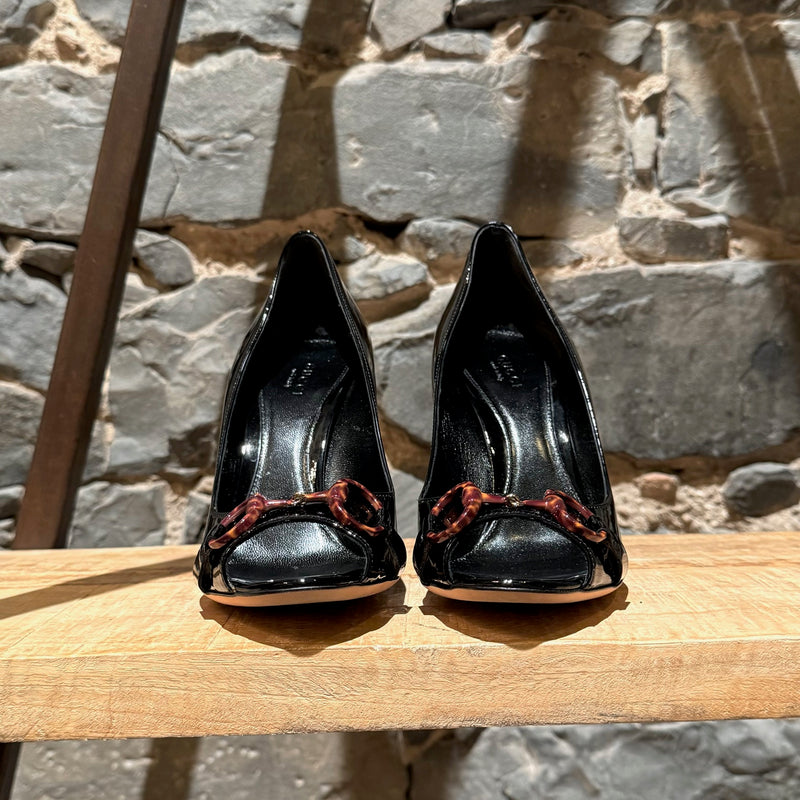 Gucci Black Patent Tortoiseshell Horsebit Open Toe Pumps