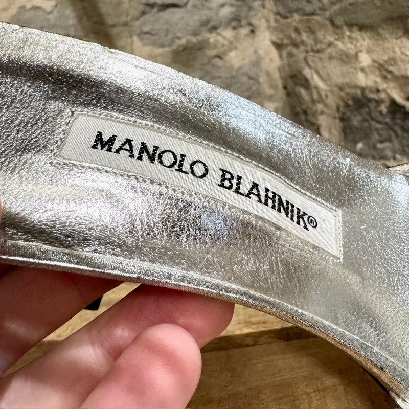 Manolo Blahnik Metallic Silver Wrap Around Heeled Sandals