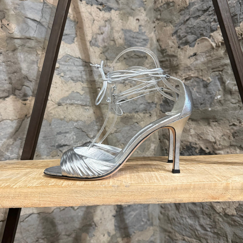 Manolo Blahnik Metallic Silver Wrap Around Heeled Sandals