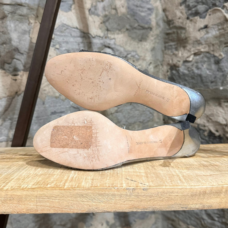 Sandales à talons avec cordon enveloppant argentées métallisées Manolo Blahnik