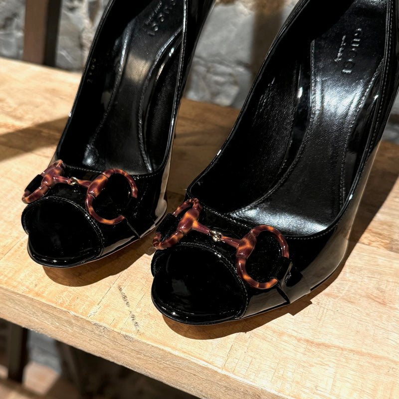 Gucci Black Patent Tortoiseshell Horsebit Open Toe Pumps