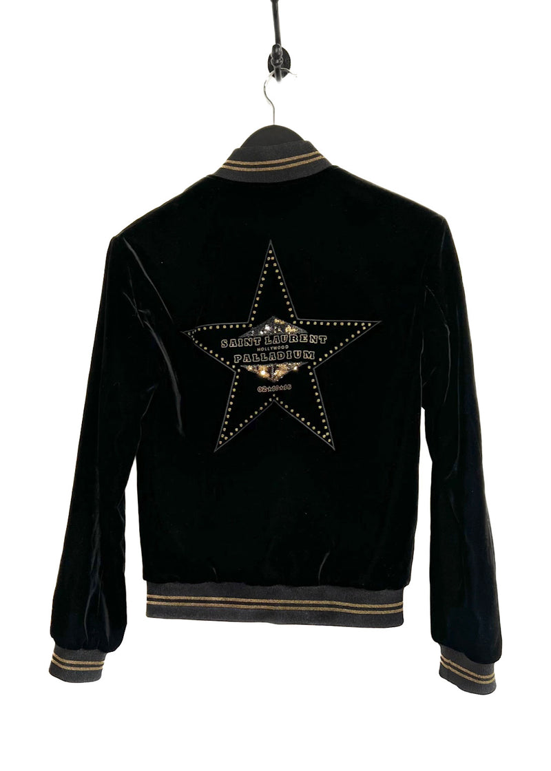 Saint Laurent Black Velvet Hollywood Embellished Bomber Jacket