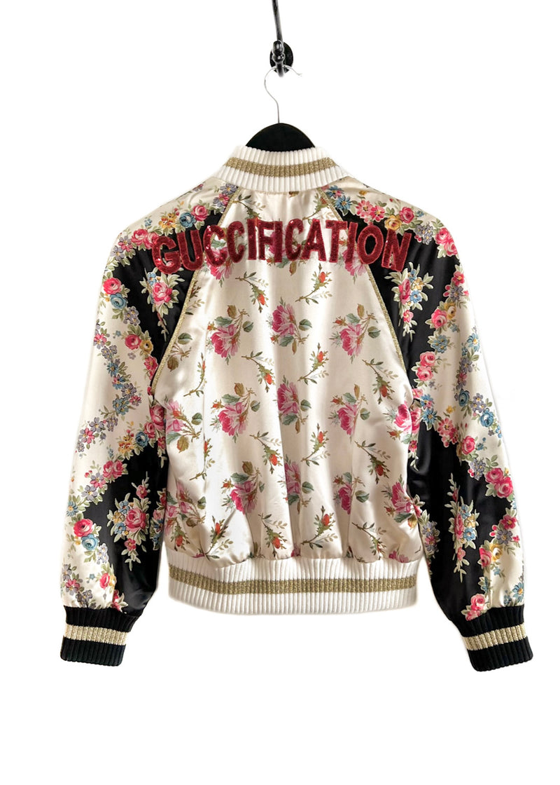 Gucci Floral Satin Guccification Sequined Silk Bomber Jacket