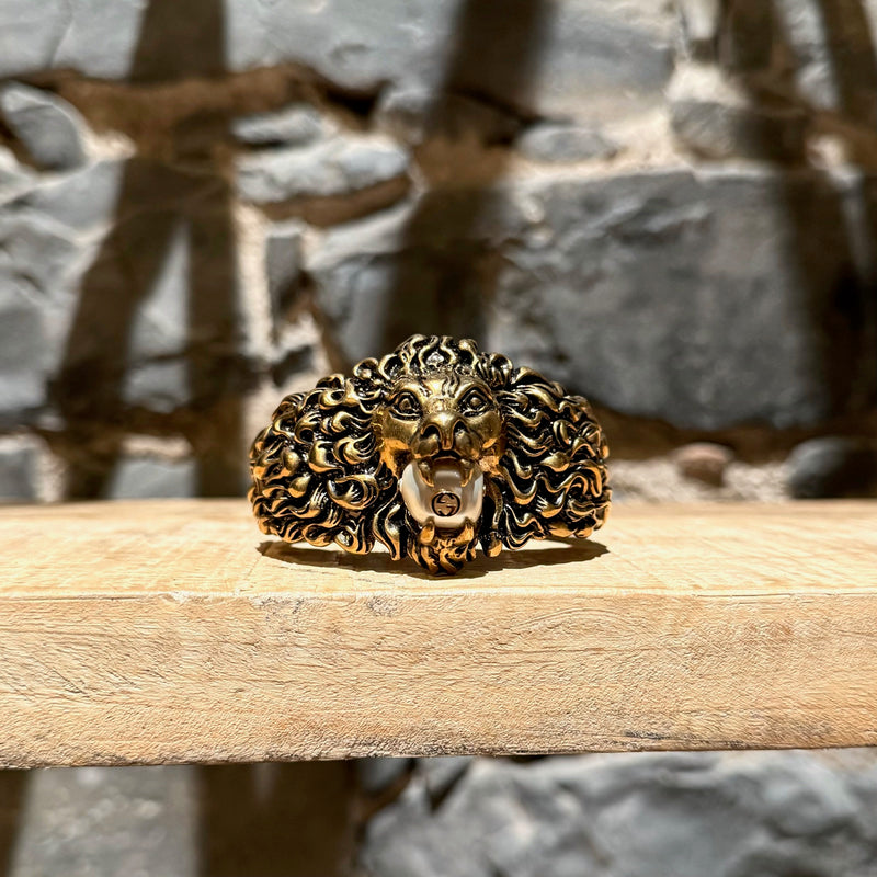 Gucci Metal Lion Head Pearl Aged Gold Cuff Bracelet