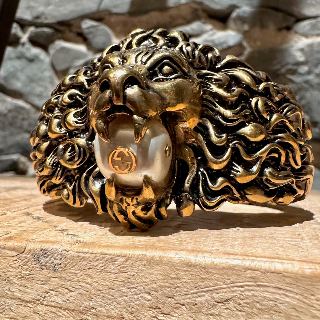 Gucci Metal Lion Head Pearl Aged Gold Cuff Bracelet