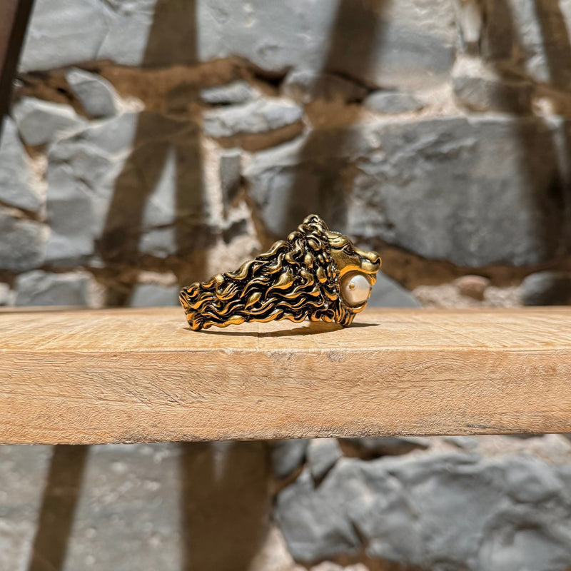 Gucci Metal Lion Head Pearl Aged Gold Cuff Bracelet