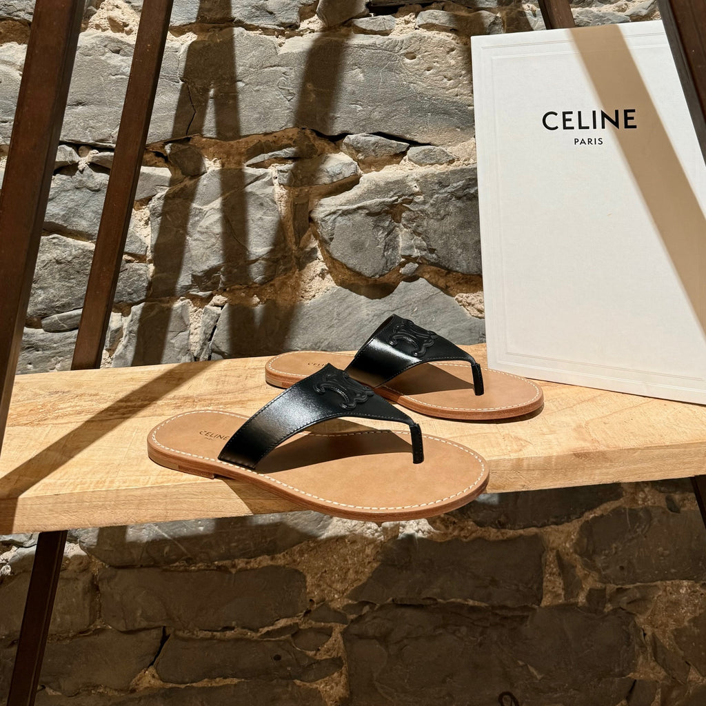 Celine Black Leather Triomphe Logo Lympia Thong Sandals