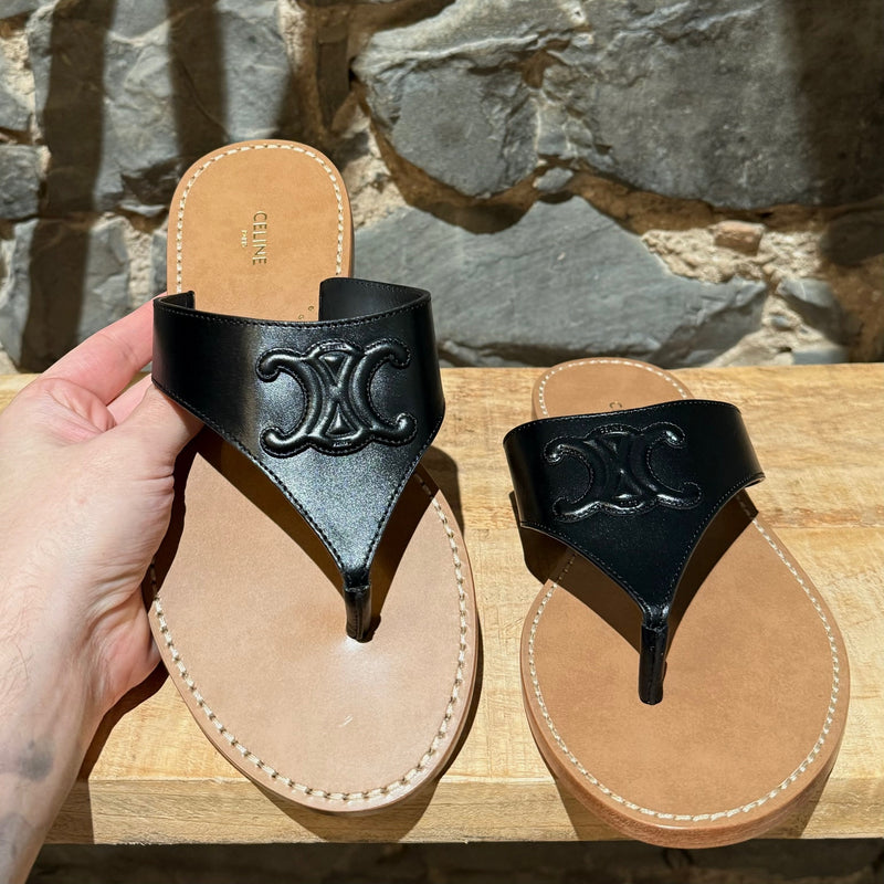 Celine Black Leather Triomphe Logo Lympia Thong Sandals