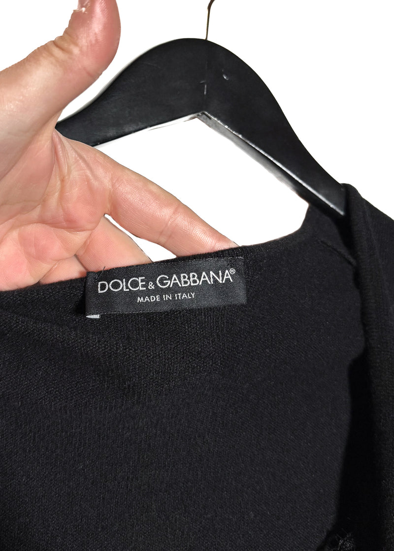 Pull cardigan ceinturé en laine noire avec empiècement en dentelle Dolce & Gabbana