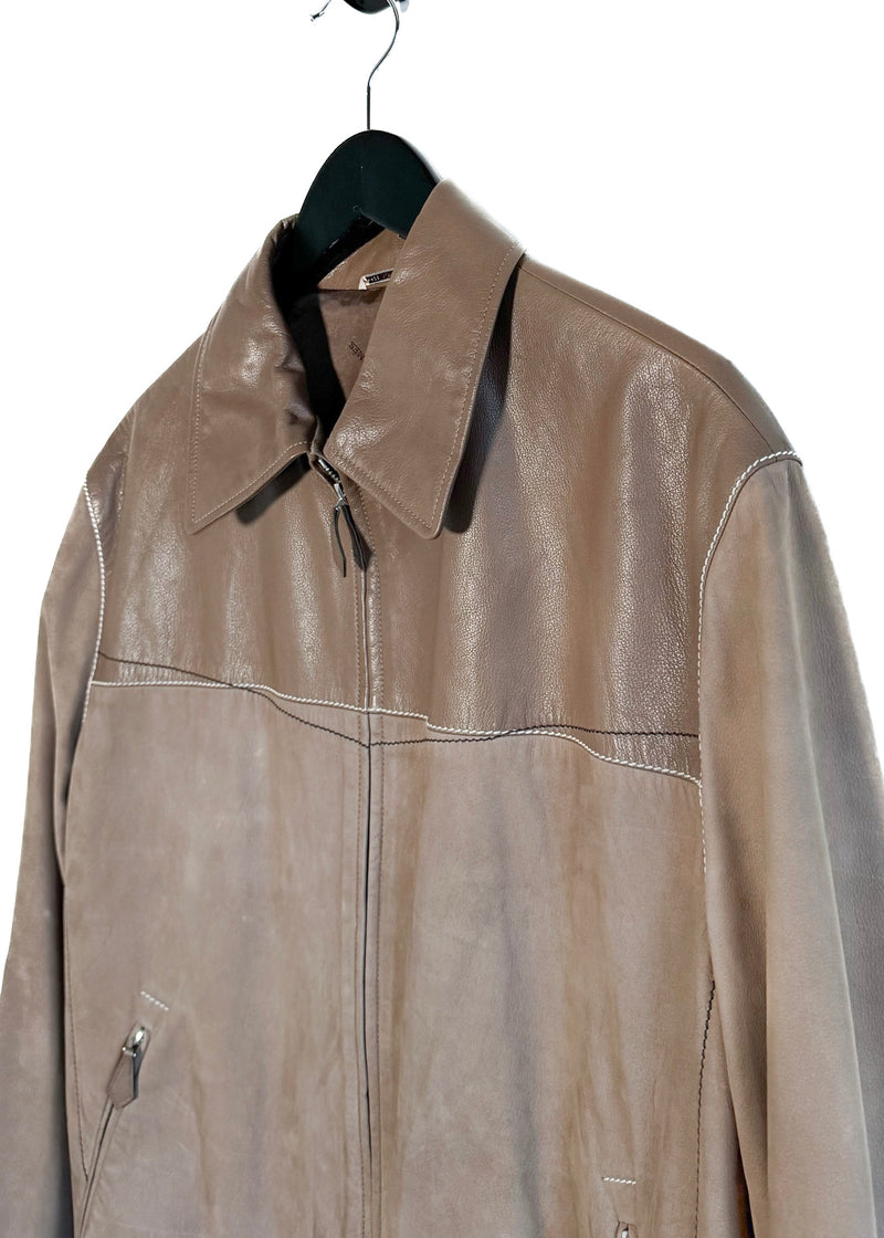 Manteau combiné de cuir nubuck et de buffle taupe Hermès
