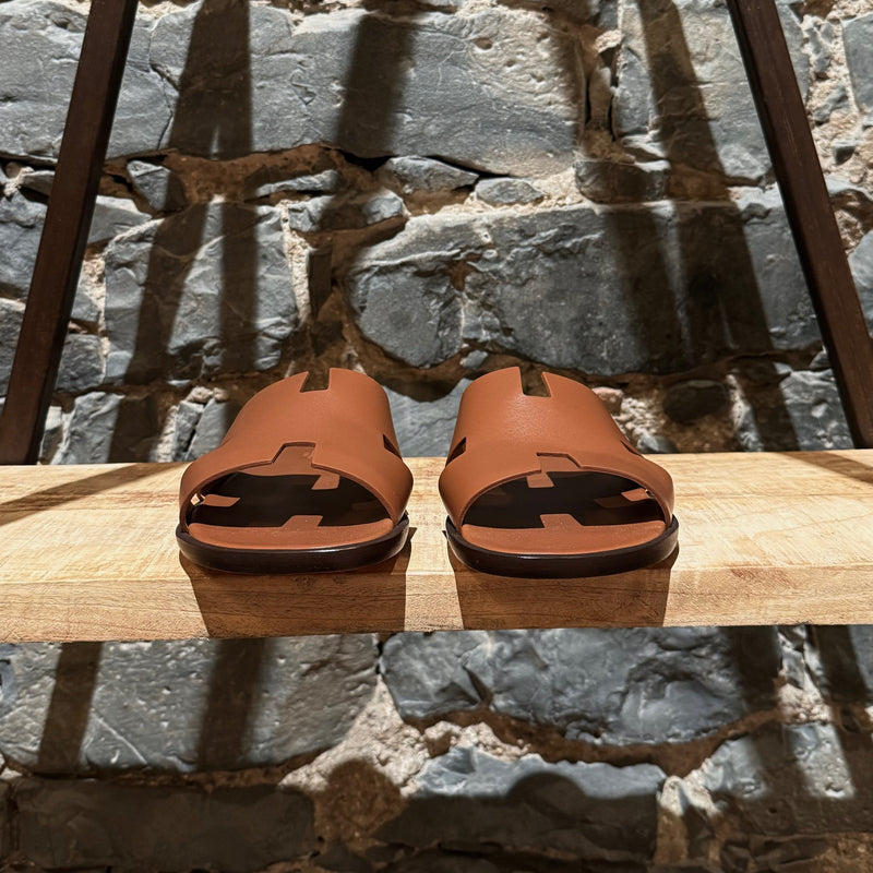 Hermès Izmir Brown Gold Leather H Sandals