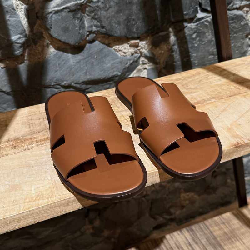 Hermès Izmir Brown Gold Leather H Sandals