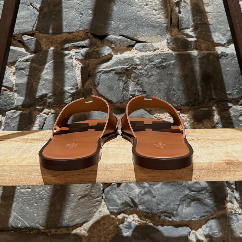 Hermès Izmir Brown Gold Leather H Sandals