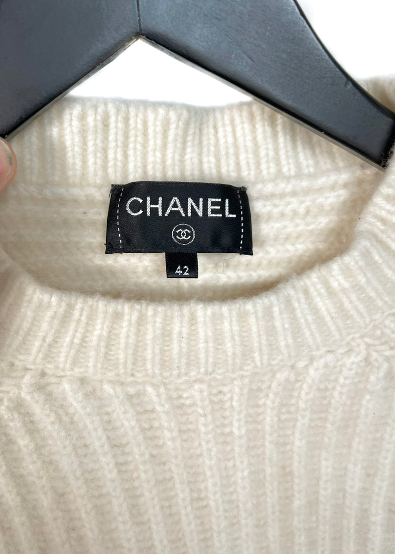 Chanel Ivory Layered Wool Cashmere Ribbed Knit Sweater