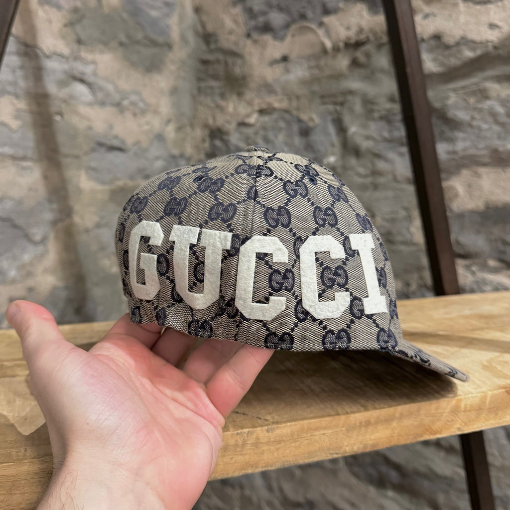 Gucci Beige Navy Blue GG Logo Patch Elastic Baseball Cap