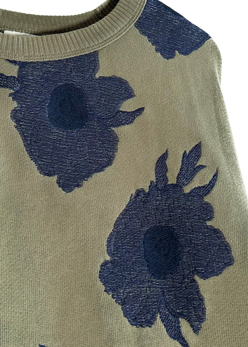Sweat-shirt kaki brodé de fleurs bleu marine Dries Van Noten Hefel