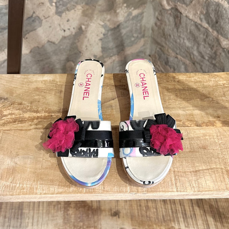 Chanel Vintage Graffiti Flower Accent Slip-on Wooden Sandals