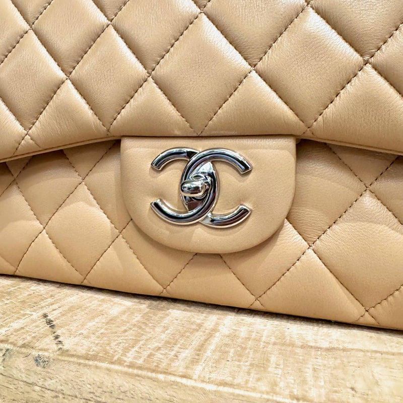 Chanel 19C Beige Lambskin Leather Classic Maxi Double Flap Bag