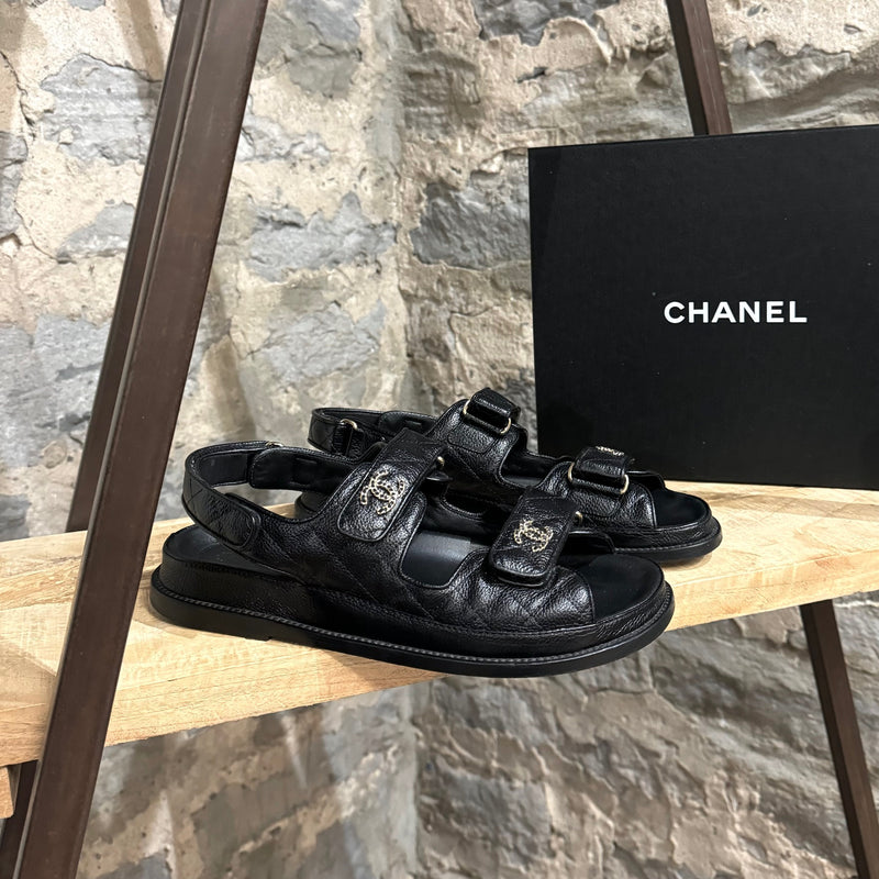 Chanel Black Caviar Leather Interlocking CC Dad Sandals