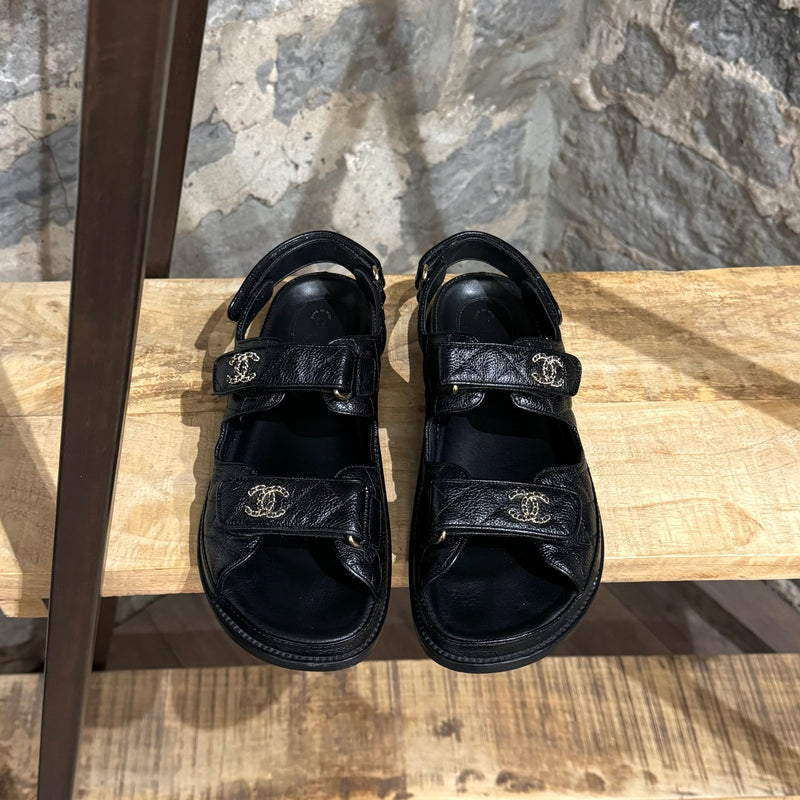 Chanel Black Caviar Leather Interlocking CC Dad Sandals