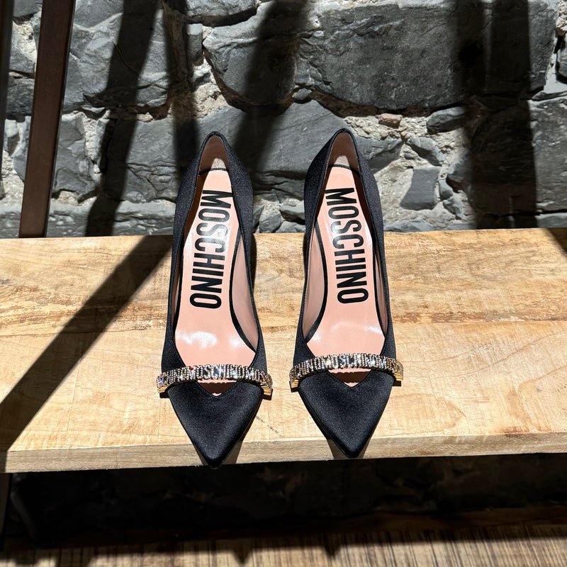 Moschino Mini Lettering Crystal Logo Black Satin Pumps