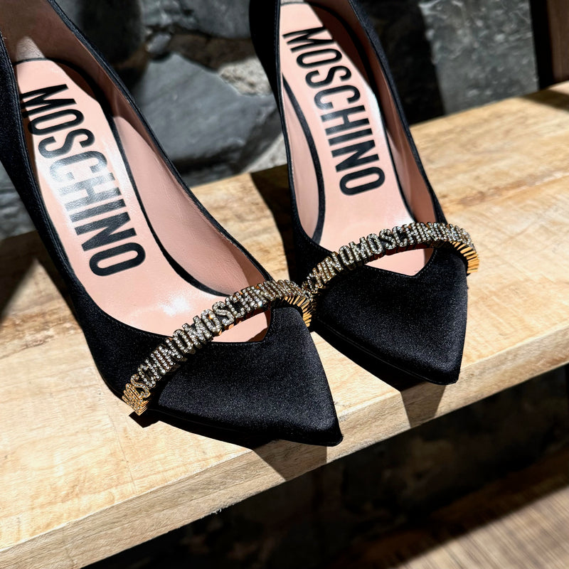 Moschino Mini Lettering Crystal Logo Black Satin Pumps