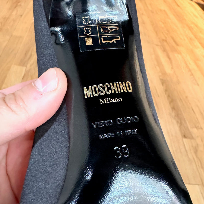 Moschino Mini Lettering Crystal Logo Black Satin Pumps