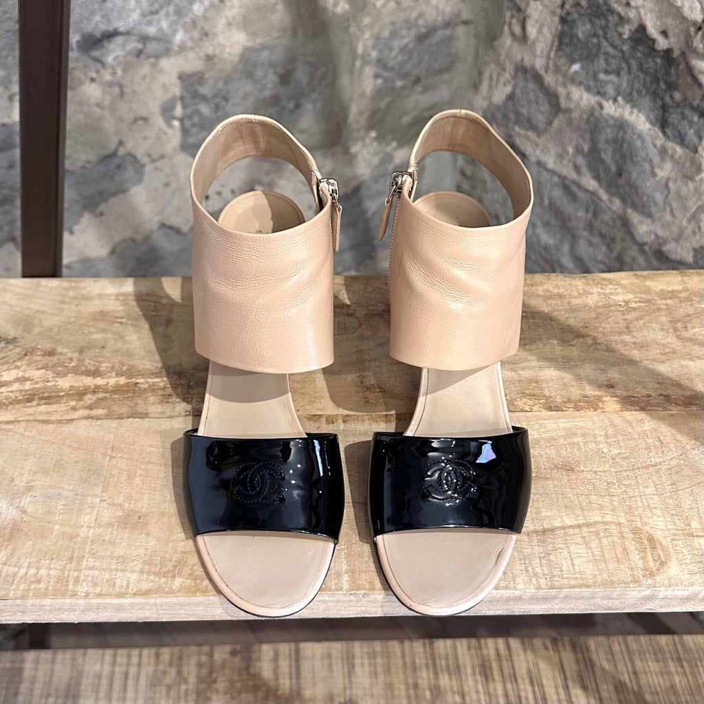 Chanel Nude Leather Black Patent CC Heeled Sandals