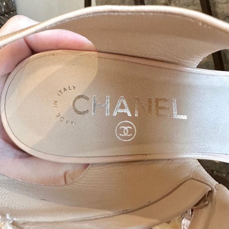 Chanel Nude Leather Black Patent CC Heeled Sandals