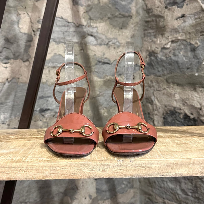 Gucci Tan Patent Leather Horsebit Heeled Sandals
