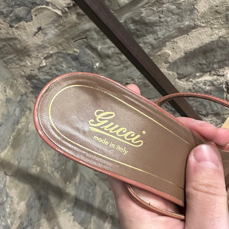 Gucci Tan Patent Leather Horsebit Heeled Sandals