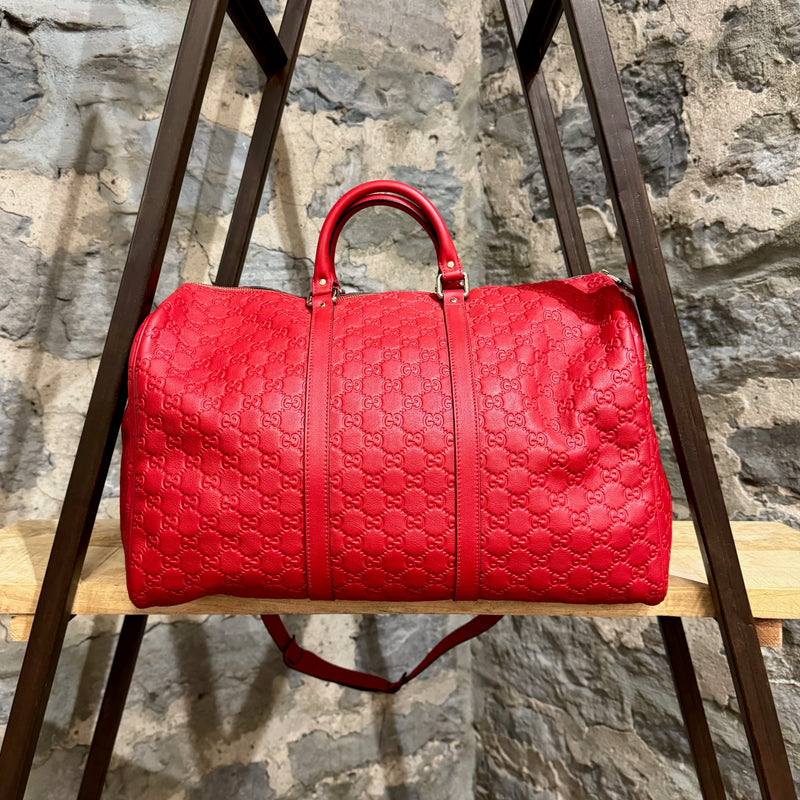 Gucci Red Leather Guccissima GG Medium Carry On Duffle Bag