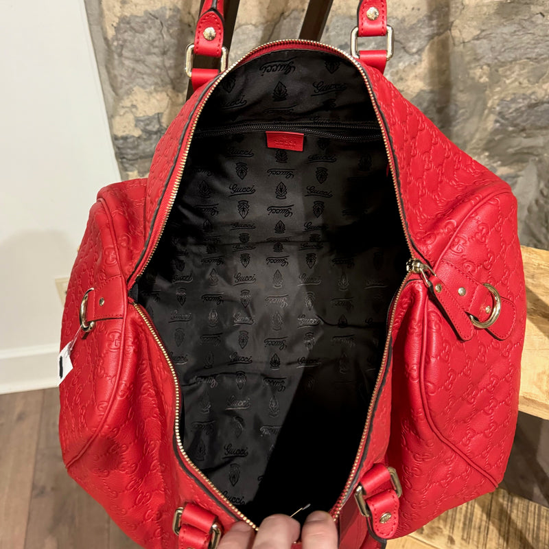 Gucci Red Leather Guccissima GG Medium Carry On Duffle Bag