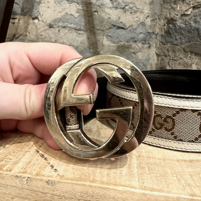 Gucci Ivory Trim Beige Canvas Interlocking GG Gold Buckle Belt