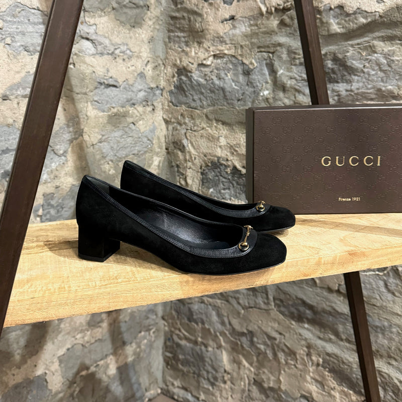 Gucci Black Suede Leather Charlot Mid Heel Pumps