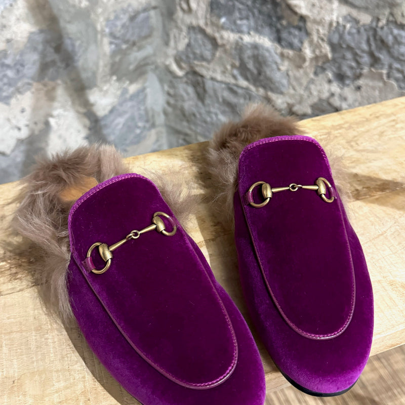 Gucci Fuchsia Velvet Princetown Fur Lined Mules Slippers