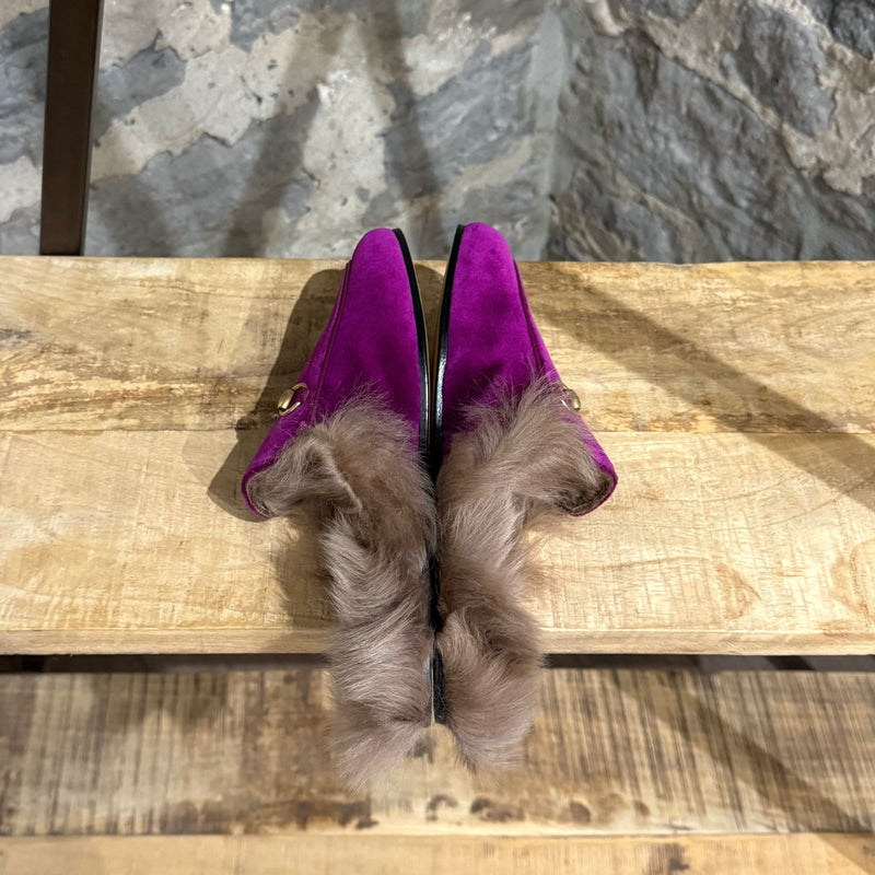 Gucci Fuchsia Velvet Princetown Fur Lined Mules Slippers