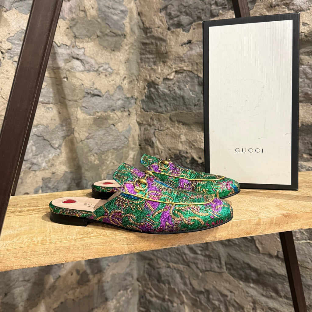 Chaussures pantoufles Gucci Princetown Horsebit en brocade métallisé vert