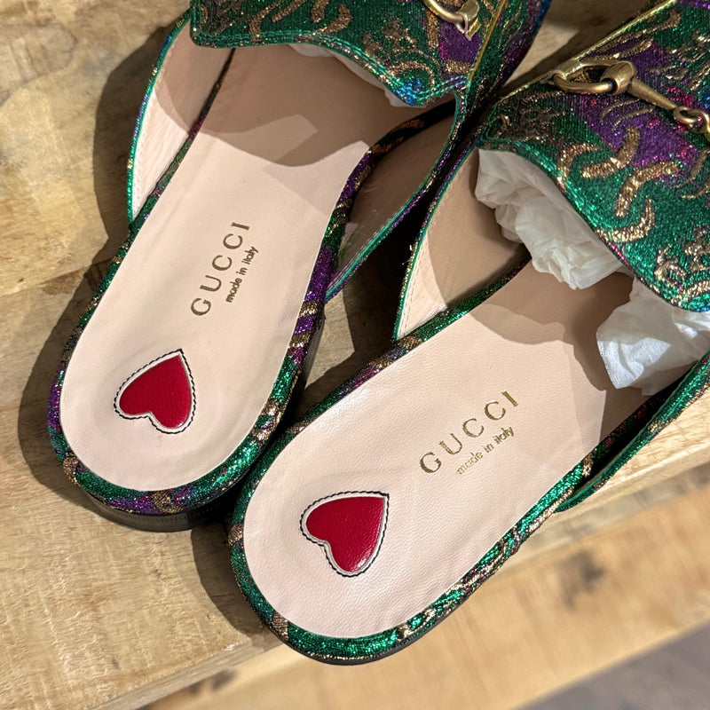 Chaussures pantoufles Gucci Princetown Horsebit en brocade métallisé vert