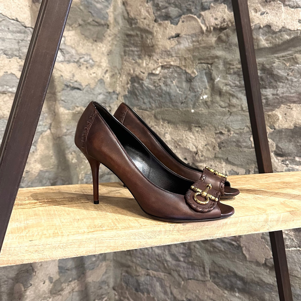 Gucci Brown Braided Opened Toe Pumps