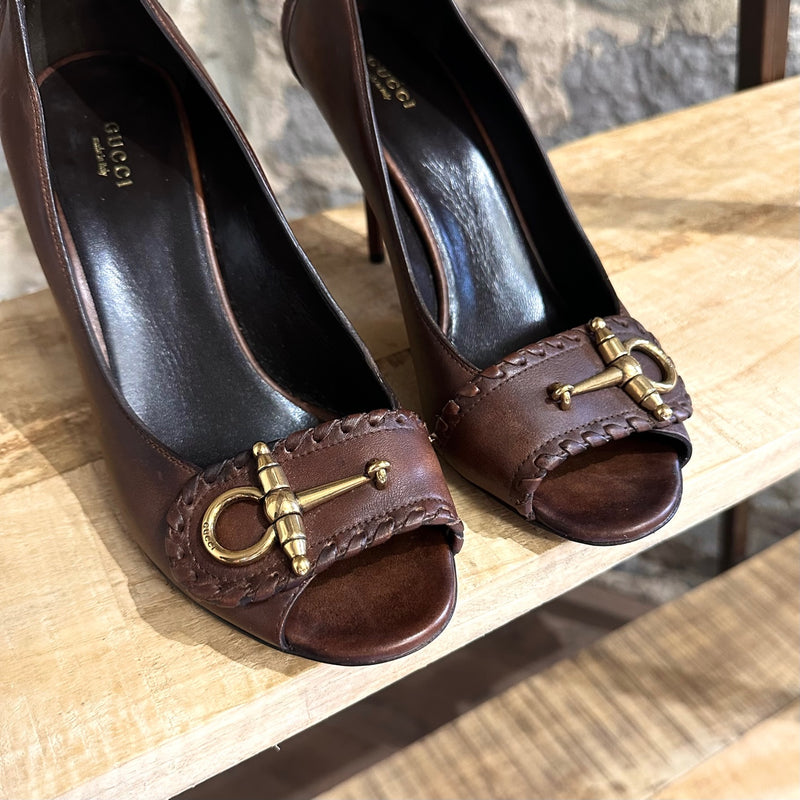 Gucci Brown Braided Opened Toe Pumps