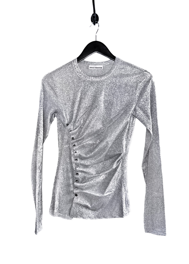 Paco Rabanne Silver Lurex Side Gathered Buttoned Top