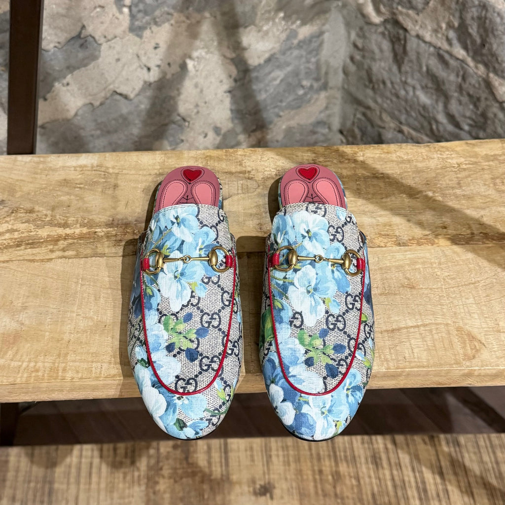 Gucci GG Supreme Blue Bloom Print Princetown Mules Slippers