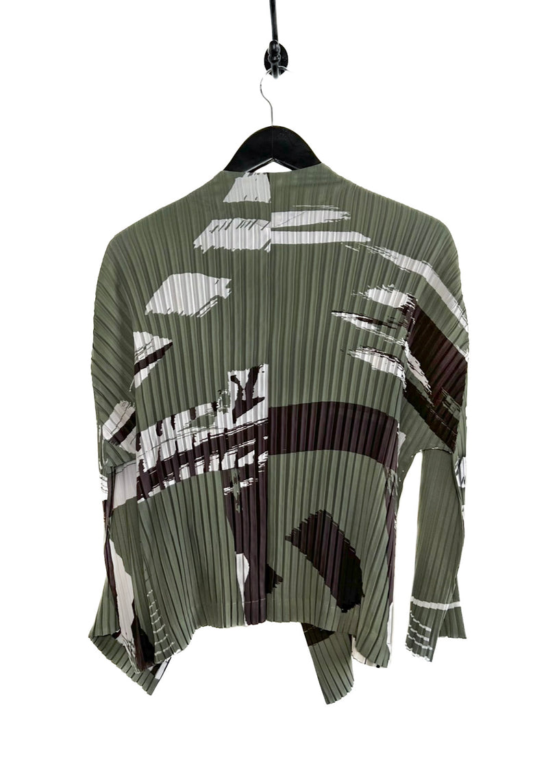 Issey Miyake RC Doro Khaki Green Printed Pleated Cardigan Sweater